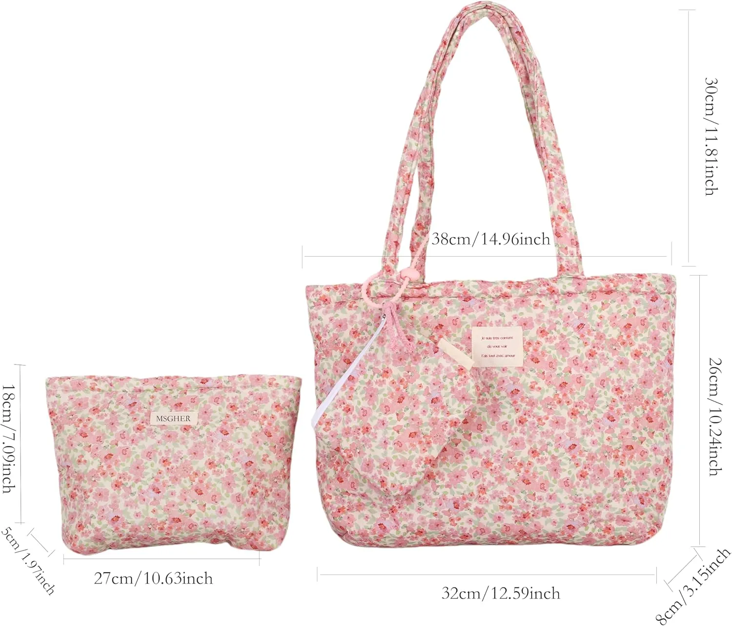 Floral Quilted 3-in-1 Bag Set for Wome Cotton Large Shoulder Tote with Medium Cosmetic Bag Mini Organizer Pouch A039