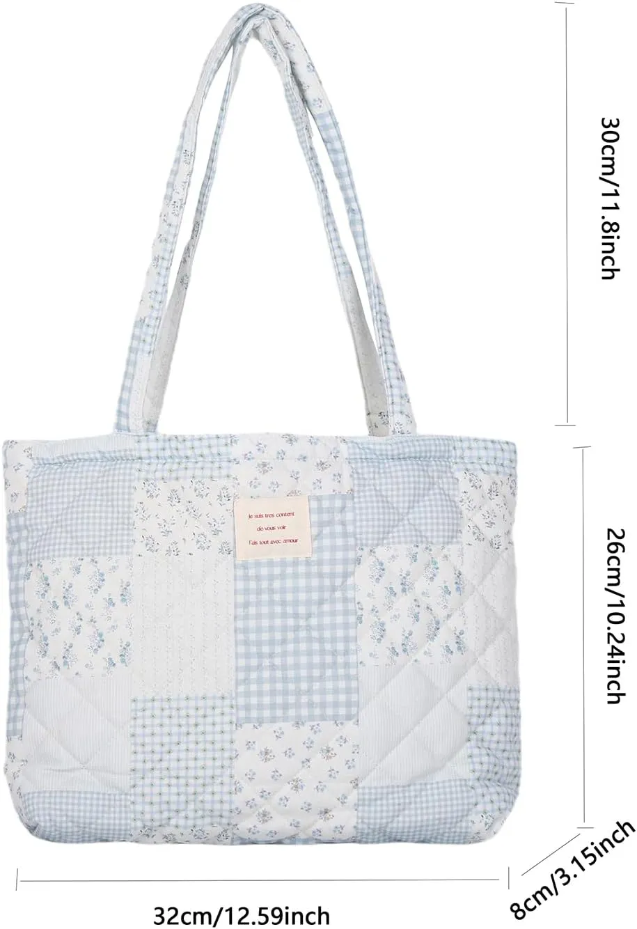 Floral Quilted Cotton Shoulder Bag for Women Daily Use Medium Size Handbag Large Capacity Thickened Design Tote