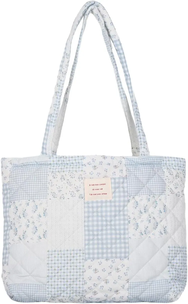 Floral Quilted Cotton Shoulder Bag for Women Daily Use Medium Size Handbag Large Capacity Thickened Design Tote