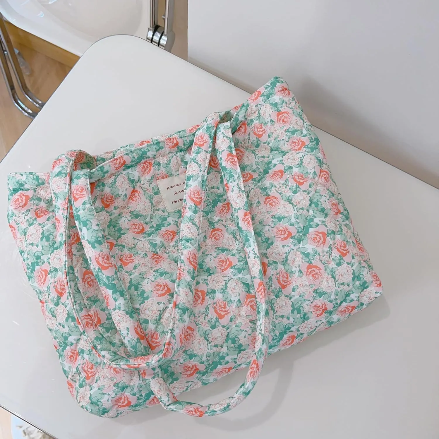 Floral Quilted Cotton Shoulder Bag for Women Daily Use Medium Size Handbag Large Capacity Thickened Design Tote