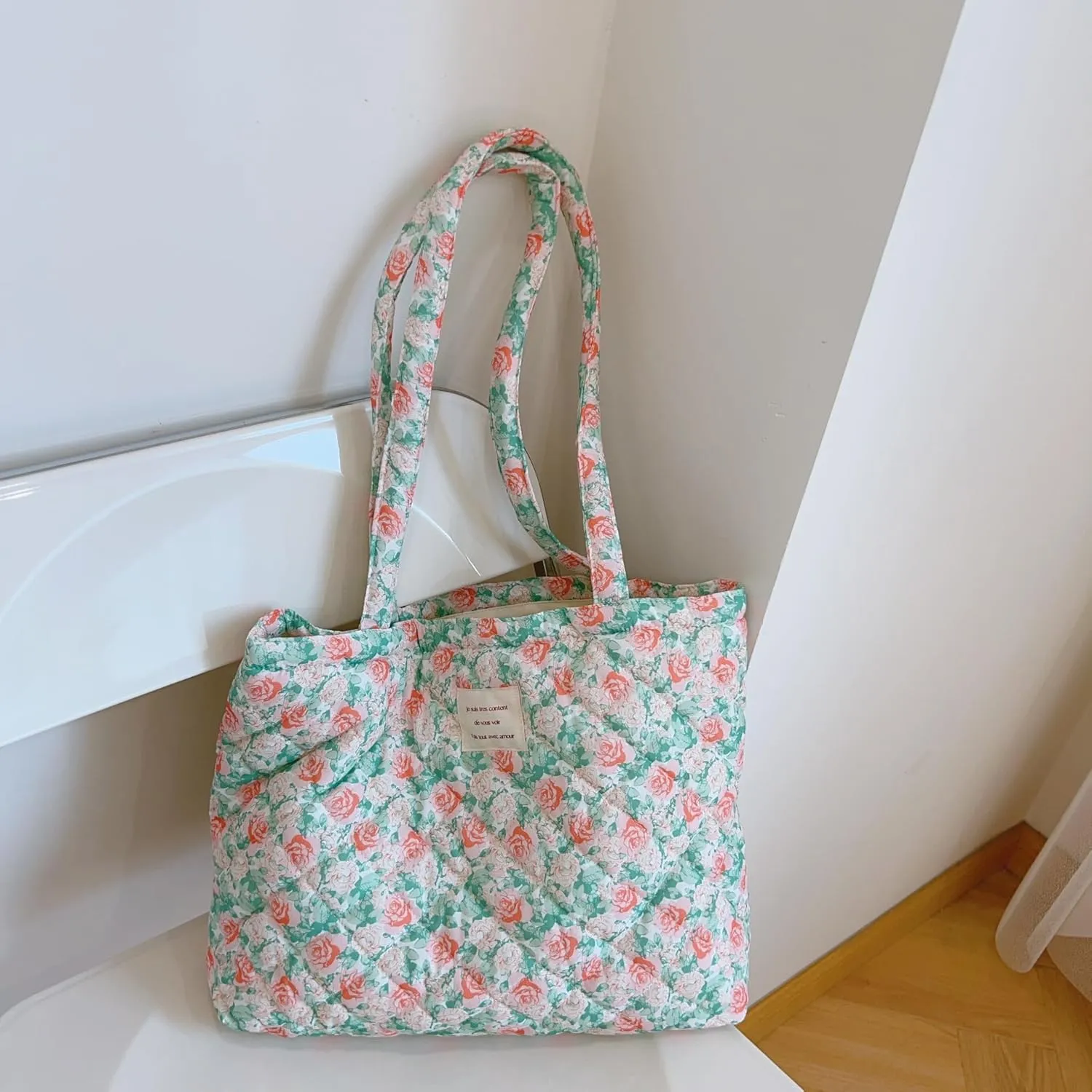 Floral Quilted Cotton Shoulder Bag for Women Daily Use Medium Size Handbag Large Capacity Thickened Design Tote