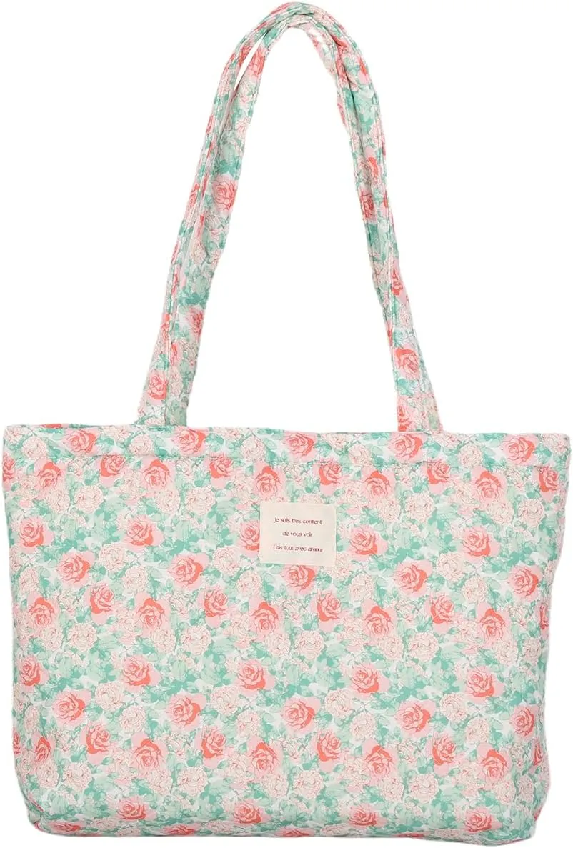 Floral Quilted Cotton Shoulder Bag for Women Daily Use Medium Size Handbag Large Capacity Thickened Design Tote