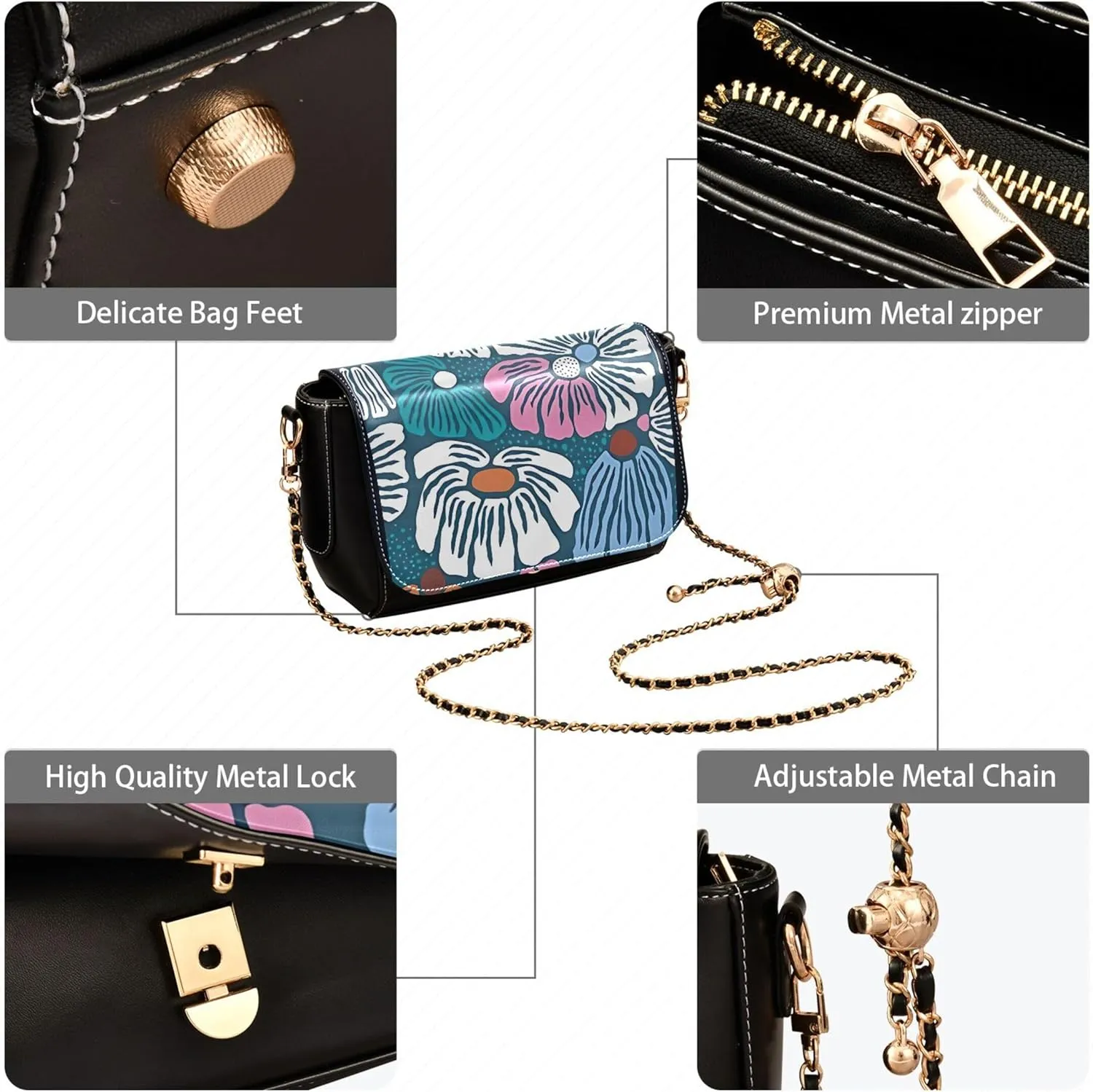 Floral Retro Vintage PU Leather Shoulder Bag Gifts Women Crossbody Bag Purses Medium Purse with Chain Strap