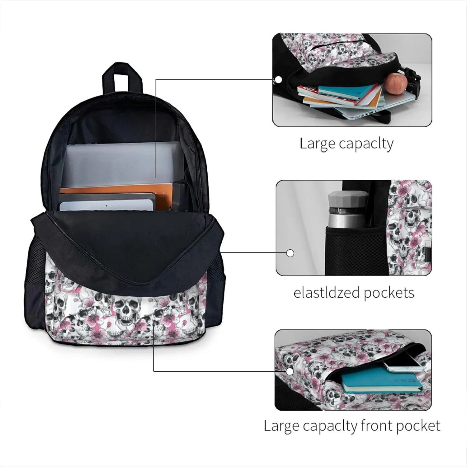 Floral Skull Print Storage Bag, Shoulder Bag, Leisure Bag, Large Capacity Leisure Travel Shoulder Bag