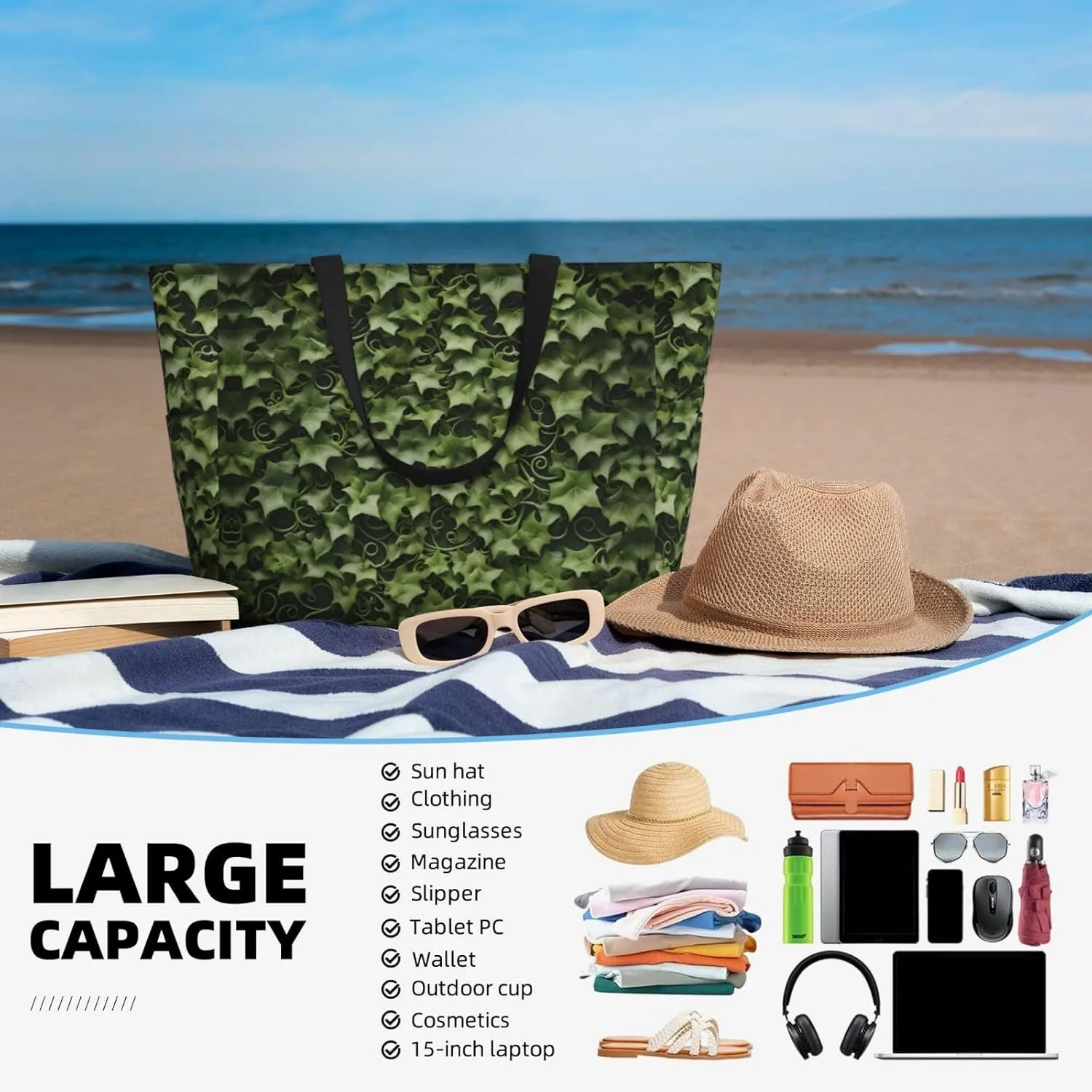 Floral Swirls Ivy Extra Large Tote Bag For Women,Foldable Beach Bag With Pocket Weekender Travel Overnight Bag