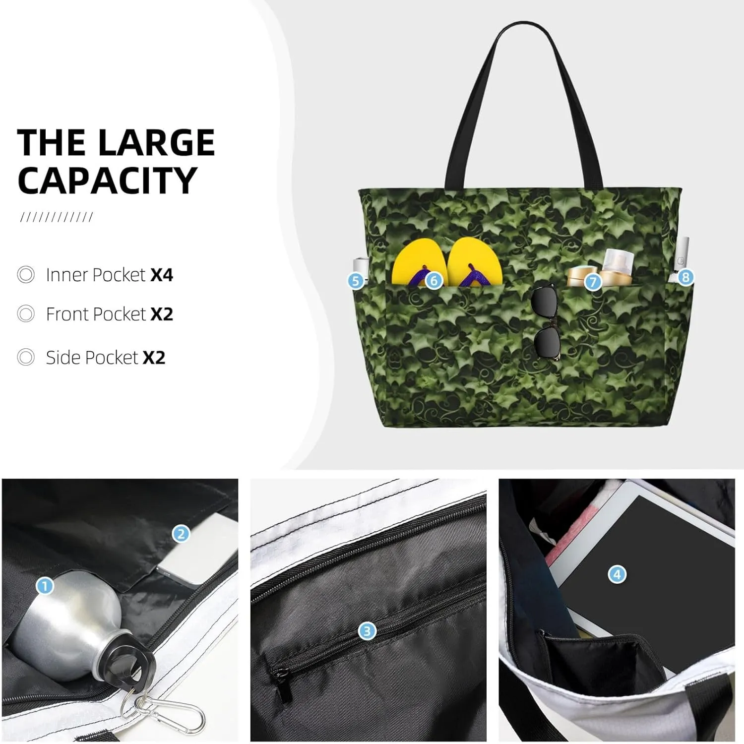 Floral Swirls Ivy Extra Large Tote Bag For Women,Foldable Beach Bag With Pocket Weekender Travel Overnight Bag