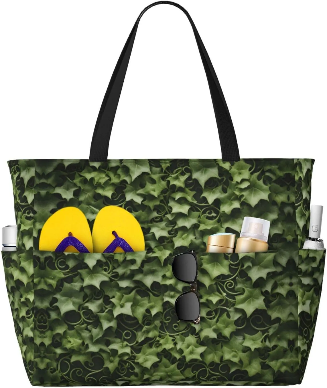Floral Swirls Ivy Extra Large Tote Bag For Women,Foldable Beach Bag With Pocket Weekender Travel Overnight Bag