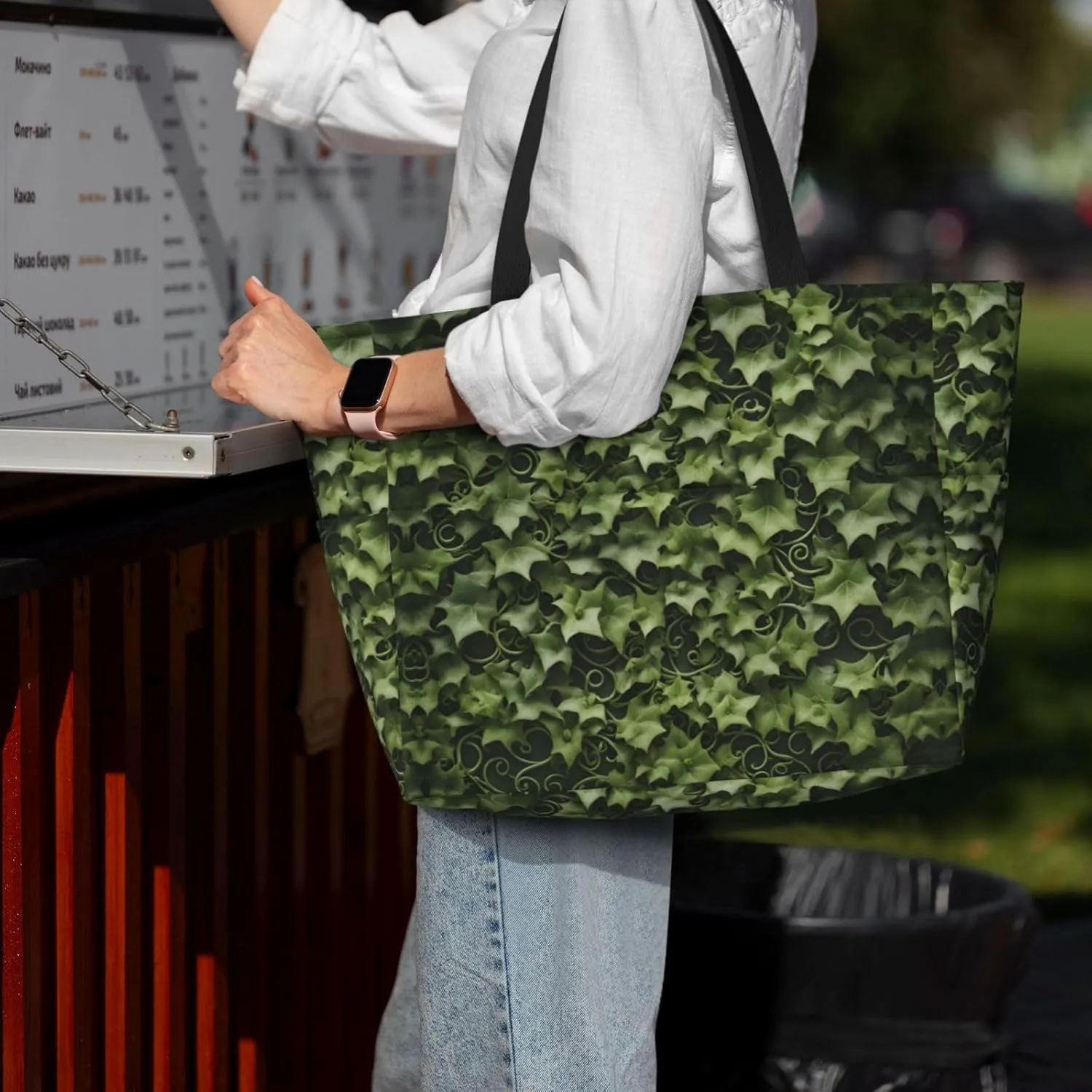 Floral Swirls Ivy Extra Large Tote Bag For Women,Foldable Beach Bag With Pocket Weekender Travel Overnight Bag