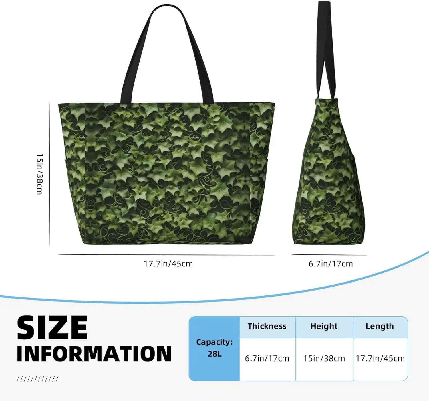 Floral Swirls Ivy Extra Large Tote Bag For Women,Foldable Beach Bag With Pocket Weekender Travel Overnight Bag