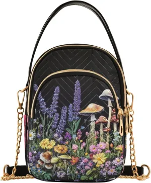 Floral Wildflower Mushroom Herbs Crossbody Purse for Women Travel Handbag Small Shoulder Bag