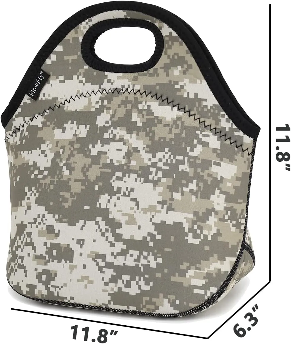 FlowFly Neoprene Lunch Tote Insulated Thermal Reusable Lunch Bag Box for Boys Men with Zipper (Digital Camo)