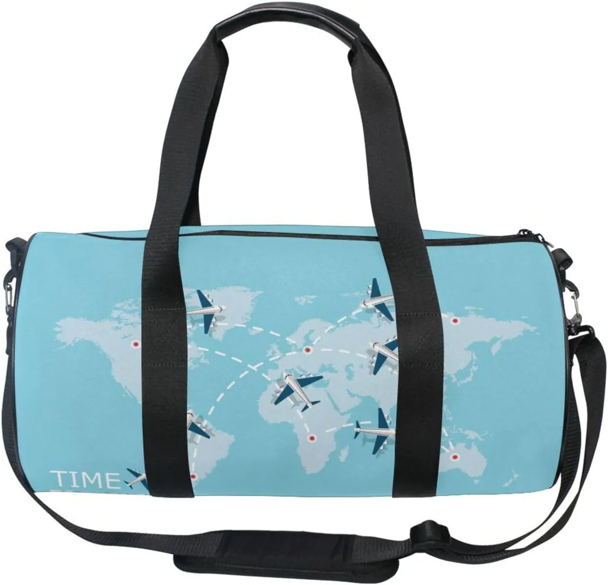 Flying Airplane with Dash Path Line Travel Concept on Turquoise Portable Gym Bag, Travel Bag, Luggage bag, Sports Bag, Toiletry Bag with Handles, Detachable Shoulder Strap 17.6 x 9 x 9 inch