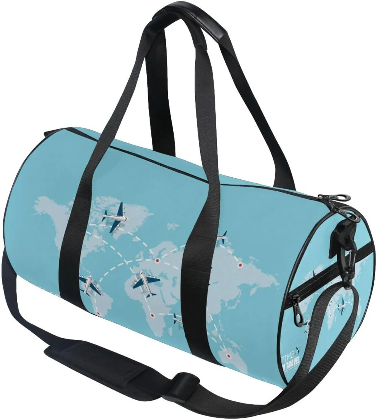 Flying Airplane with Dash Path Line Travel Concept on Turquoise Portable Gym Bag, Travel Bag, Luggage bag, Sports Bag, Toiletry Bag with Handles, Detachable Shoulder Strap 17.6 x 9 x 9 inch