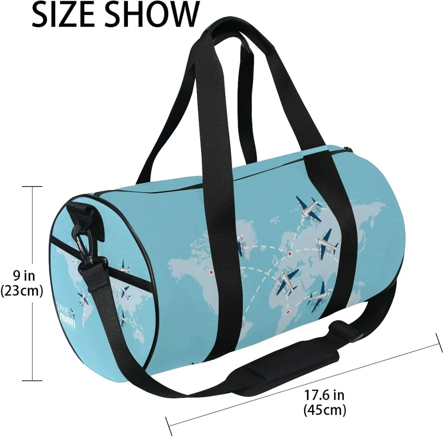 Flying Airplane with Dash Path Line Travel Concept on Turquoise Portable Gym Bag, Travel Bag, Luggage bag, Sports Bag, Toiletry Bag with Handles, Detachable Shoulder Strap 17.6 x 9 x 9 inch