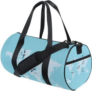 Flying Airplane with Dash Path Line Travel Concept on Turquoise Portable Gym Bag, Travel Bag, Luggage bag, Sports Bag, Toiletry Bag with Handles, Detachable Shoulder Strap 17.6 x 9 x 9 inch