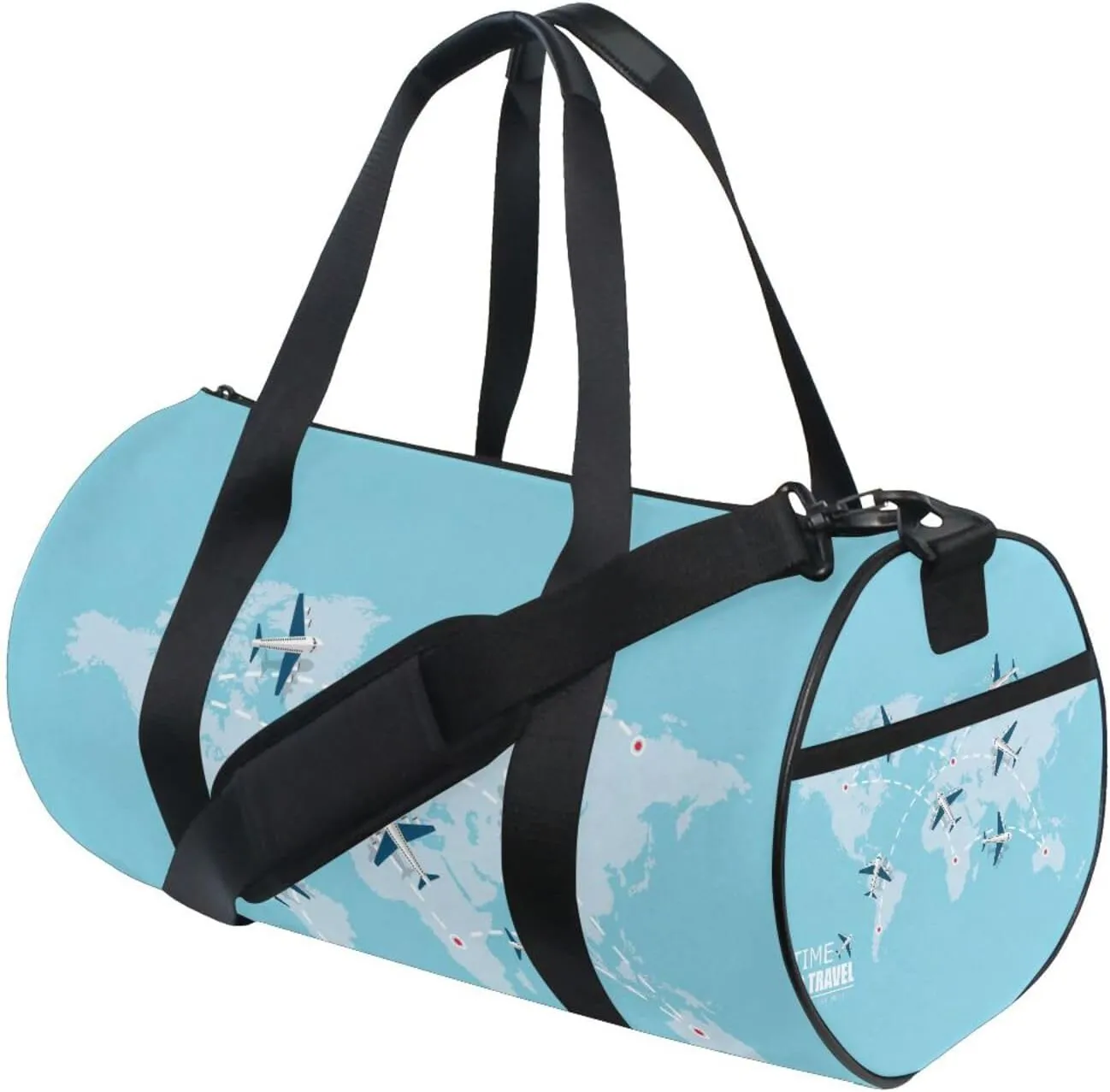 Flying Airplane with Dash Path Line Travel Concept on Turquoise Portable Gym Bag, Travel Bag, Luggage bag, Sports Bag, Toiletry Bag with Handles, Detachable Shoulder Strap 17.6 x 9 x 9 inch