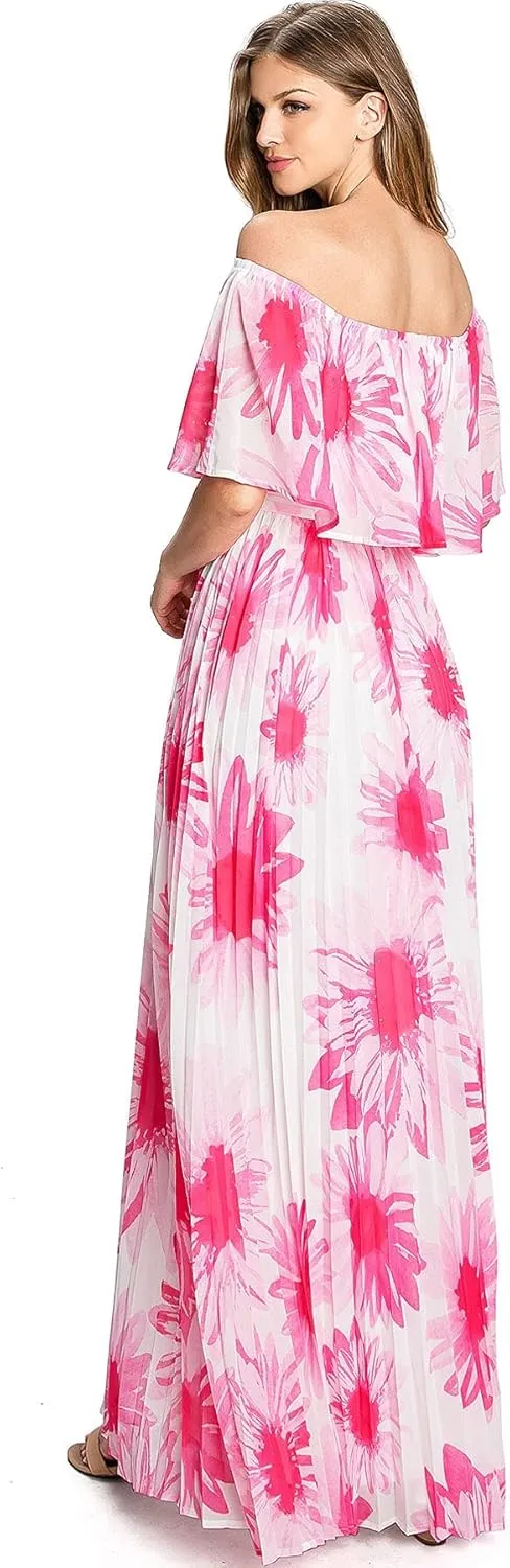 Flying Tomato Off Shoulder Neon Floral Pleated Maxi Dress
