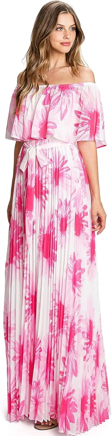 Flying Tomato Off Shoulder Neon Floral Pleated Maxi Dress