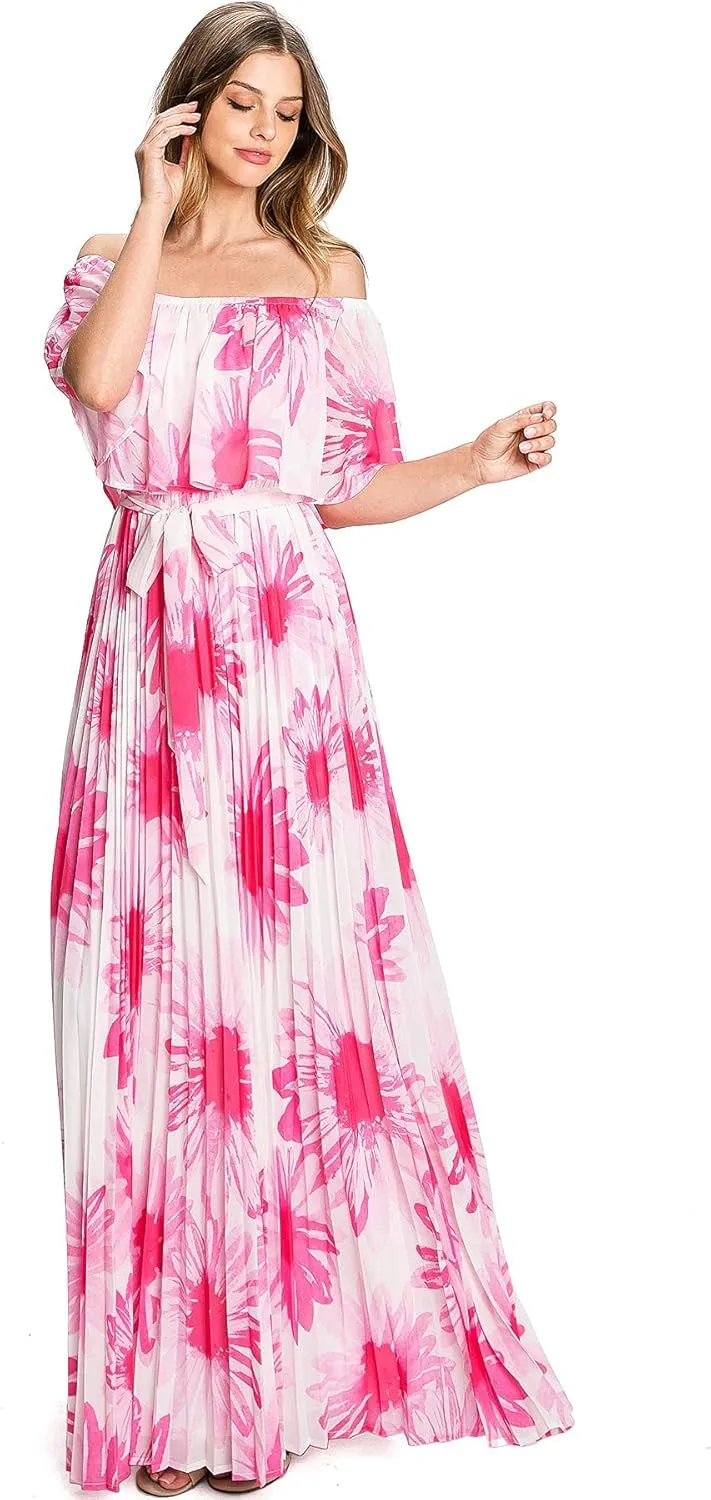 Flying Tomato Off Shoulder Neon Floral Pleated Maxi Dress