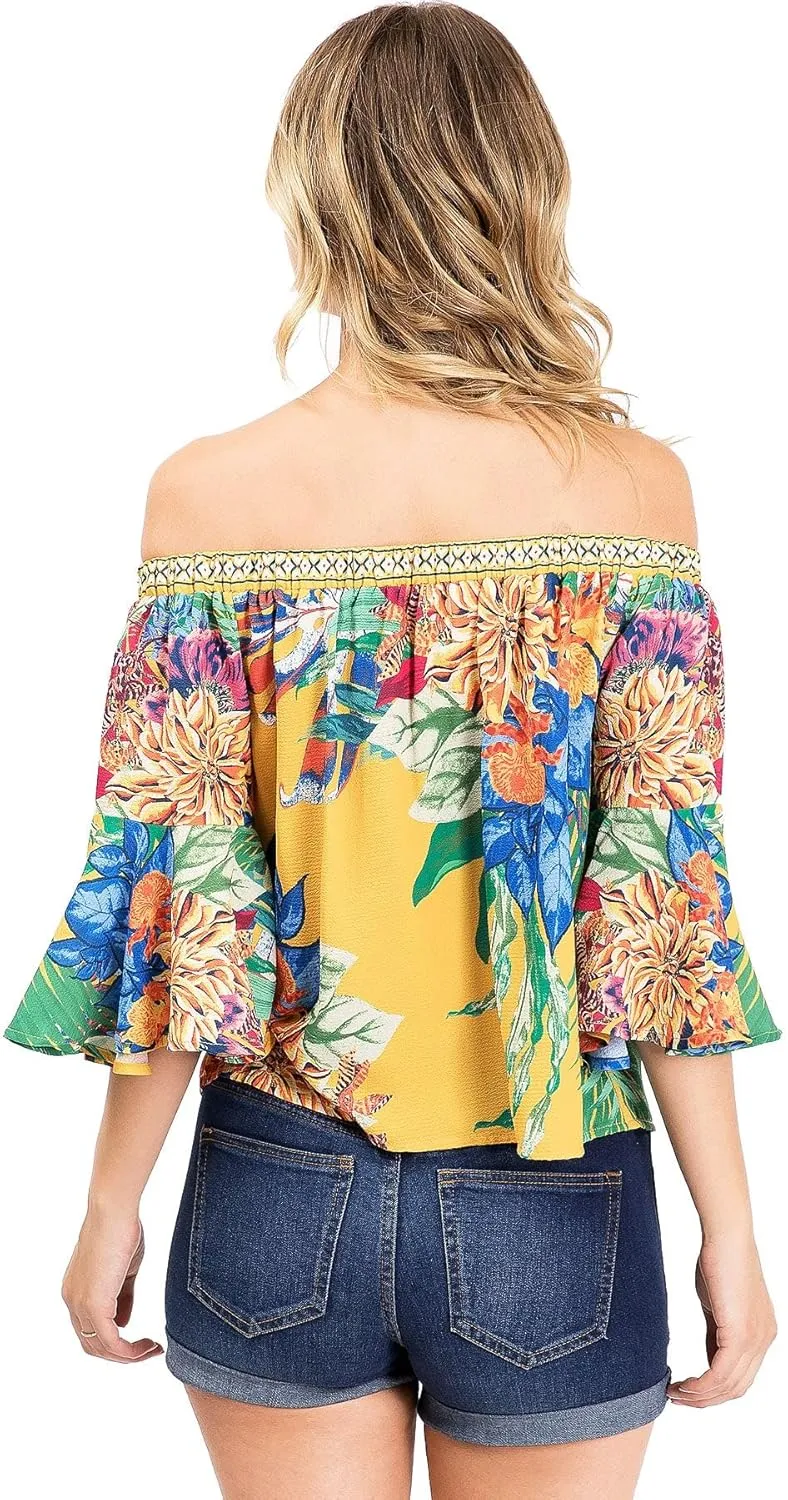 Flying Tomato Women's Juniors Bell Sleeve Floral Print Top