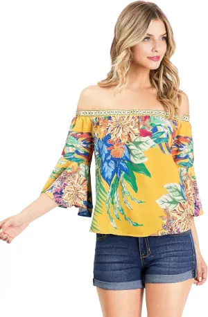 Flying Tomato Women's Juniors Bell Sleeve Floral Print Top