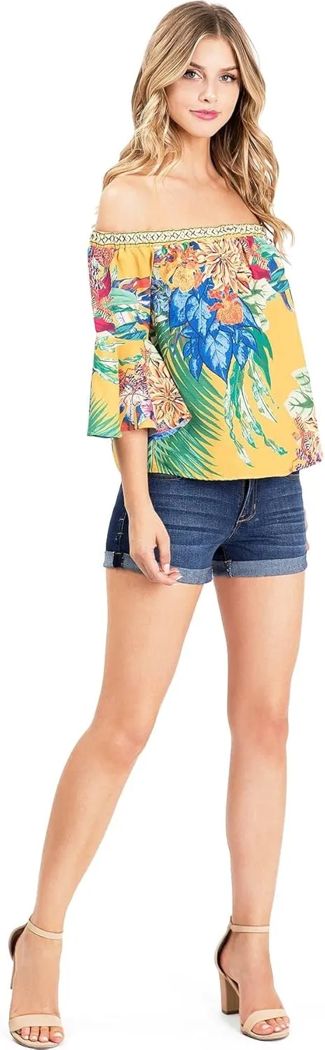 Flying Tomato Women's Juniors Bell Sleeve Floral Print Top