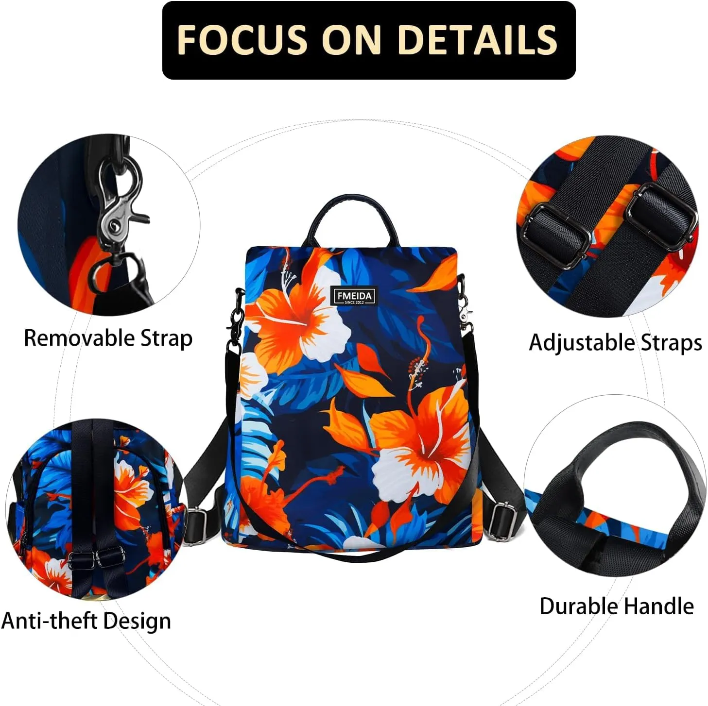 Fmeida Backpack Purse for Women Travel Anti Theft Backpack Convertible Fashion Bookbag Purse Hibiscus Flower