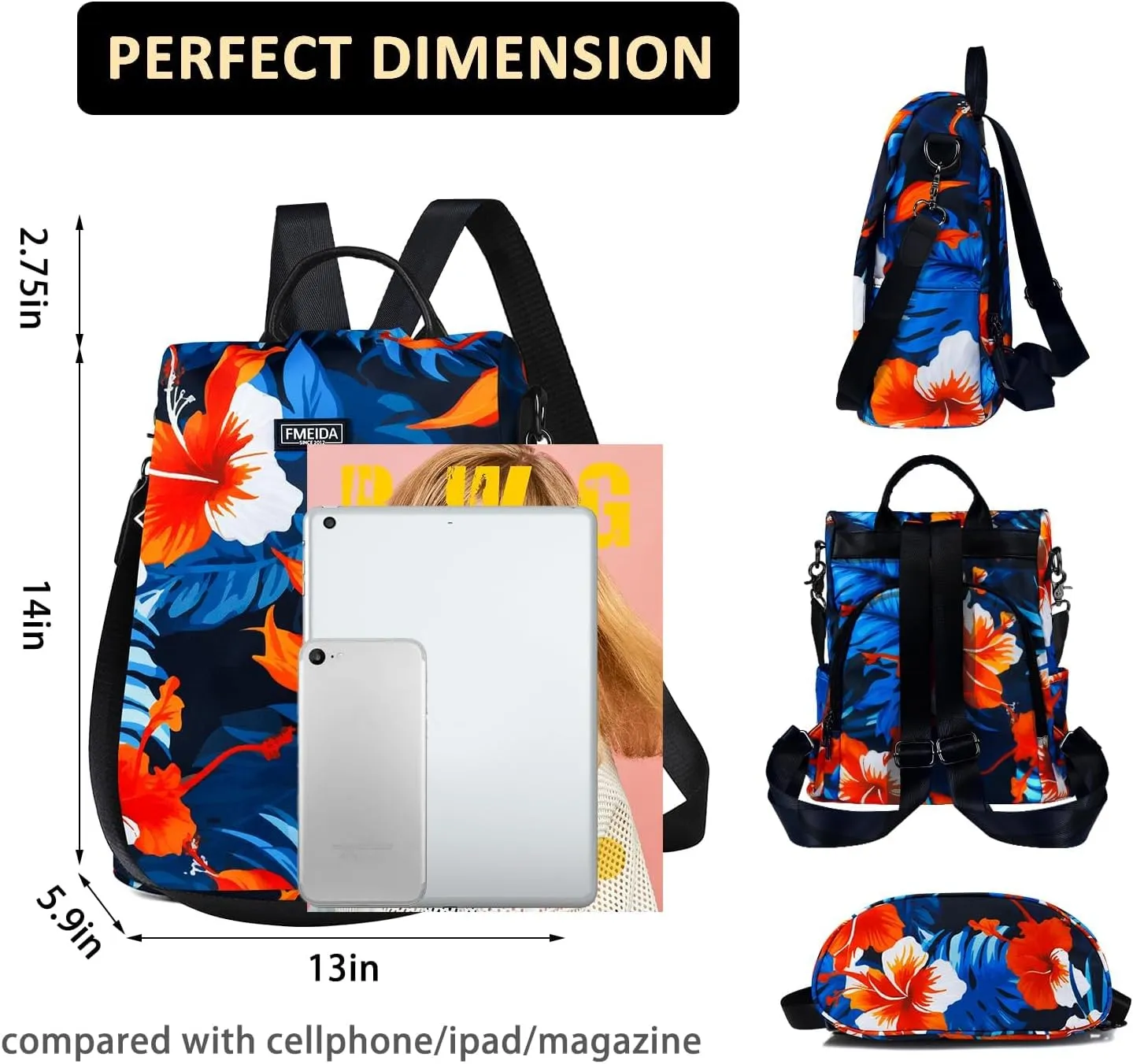Fmeida Backpack Purse for Women Travel Anti Theft Backpack Convertible Fashion Bookbag Purse Hibiscus Flower