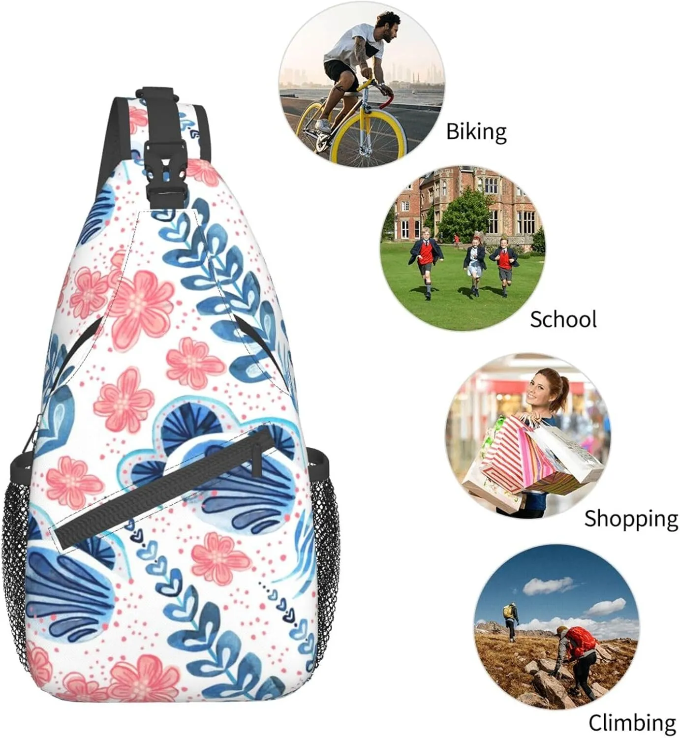 Folsky Flower Blossom Floral Small Sling Bag for Women Mens Crossbody Backpack Casual Hiking Daypack Chest Shoulder Bag with Adjustable Strap