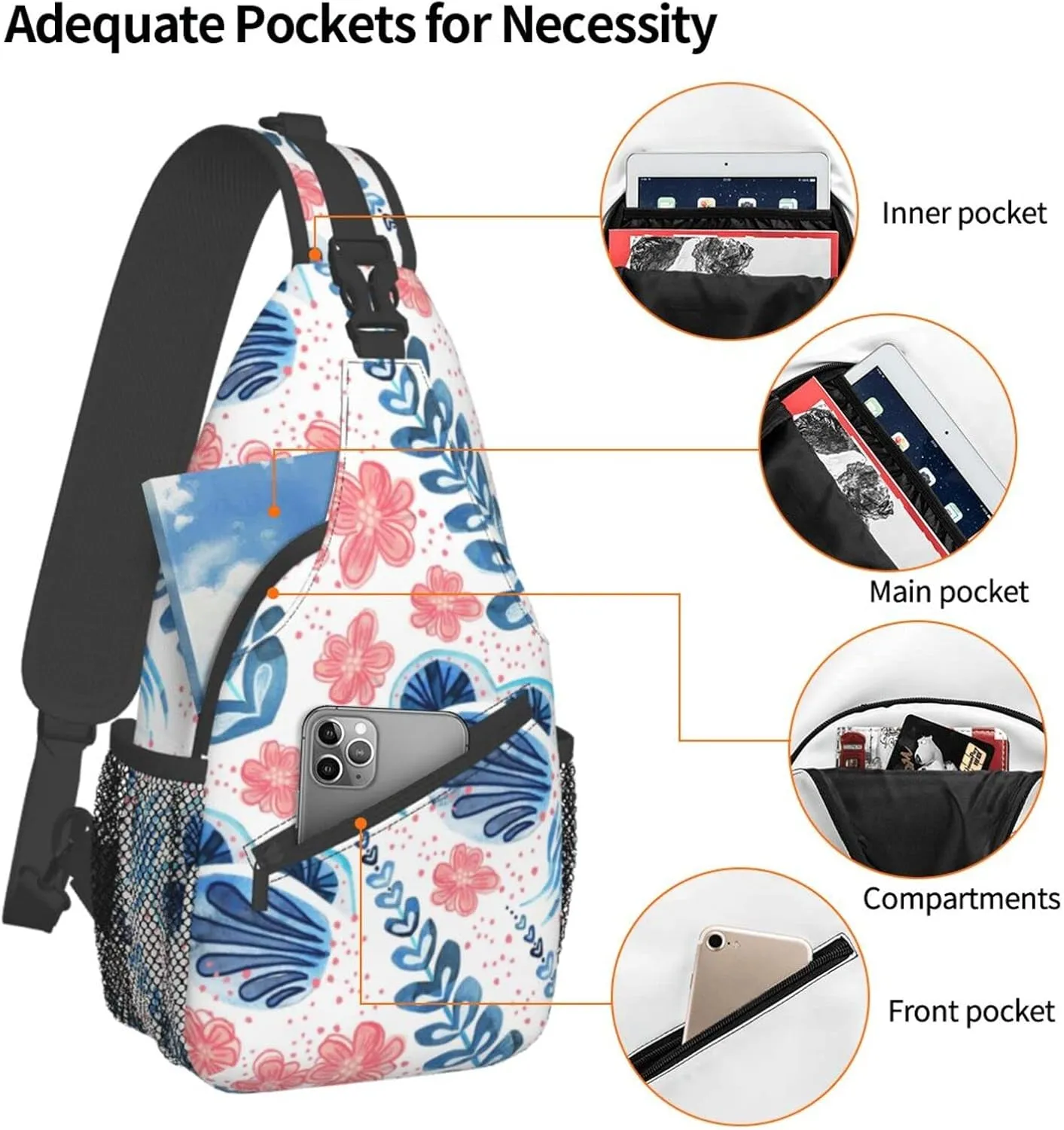 Folsky Flower Blossom Floral Small Sling Bag for Women Mens Crossbody Backpack Casual Hiking Daypack Chest Shoulder Bag with Adjustable Strap