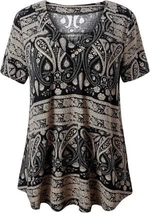 FOLUNSI Women’s Plus Size Short Sleeve Henley Shirt V Neck Floral Blouses Tunic Tops M-4XL
