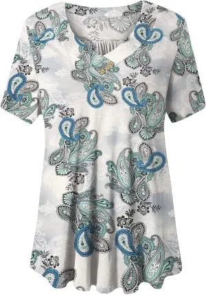 FOLUNSI Women’s Plus Size Short Sleeve Henley Shirt V Neck Floral Blouses Tunic Tops M-4XL