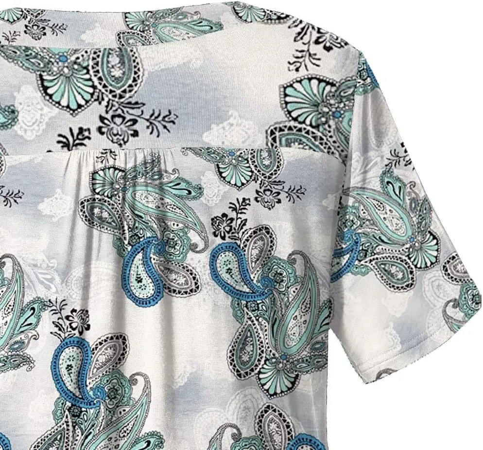 FOLUNSI Women’s Plus Size Short Sleeve Henley Shirt V Neck Floral Blouses Tunic Tops M-4XL