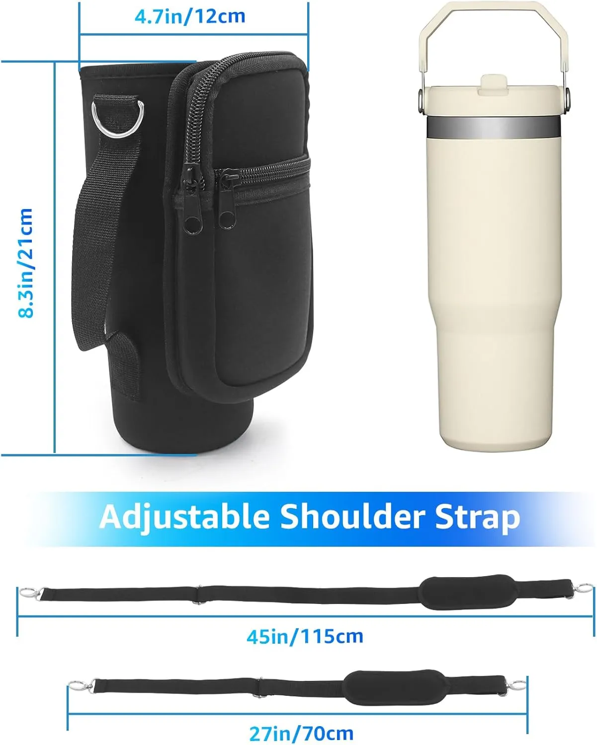 for Stanley Iceflow Flip Straw Tumbler 30 oz, Water Bottle Cup Holder Cover Carrier Sling Bag with Strap, Pouch Pocket for Phone / Accessories, add Handle for Stanley Flip Straw, Neoprene (Black)