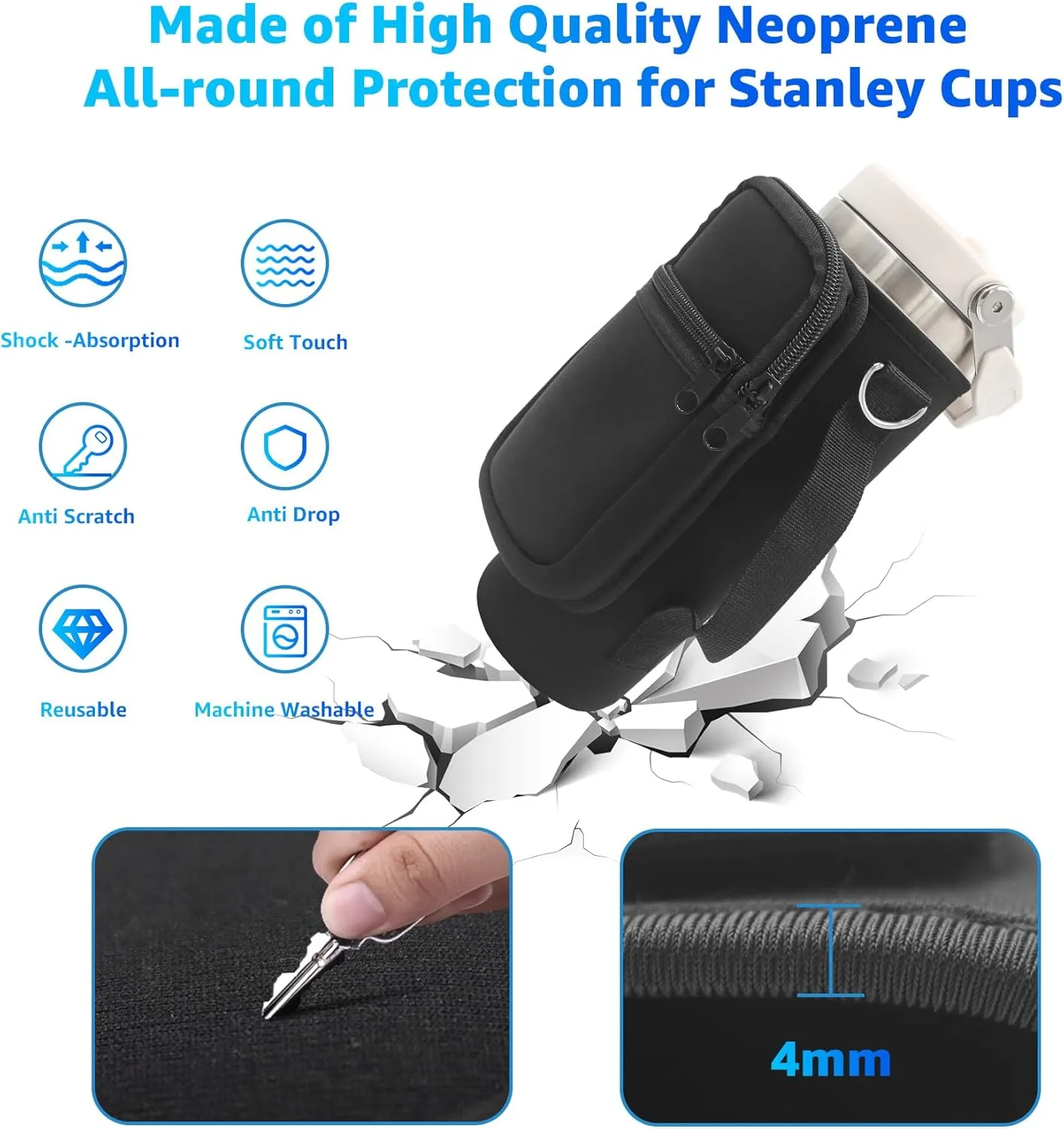 for Stanley Iceflow Flip Straw Tumbler 30 oz, Water Bottle Cup Holder Cover Carrier Sling Bag with Strap, Pouch Pocket for Phone / Accessories, add Handle for Stanley Flip Straw, Neoprene (Black)