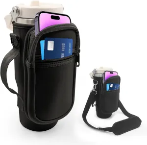 for Stanley Iceflow Flip Straw Tumbler 30 oz, Water Bottle Cup Holder Cover Carrier Sling Bag with Strap, Pouch Pocket for Phone / Accessories, add Handle for Stanley Flip Straw, Neoprene (Black)