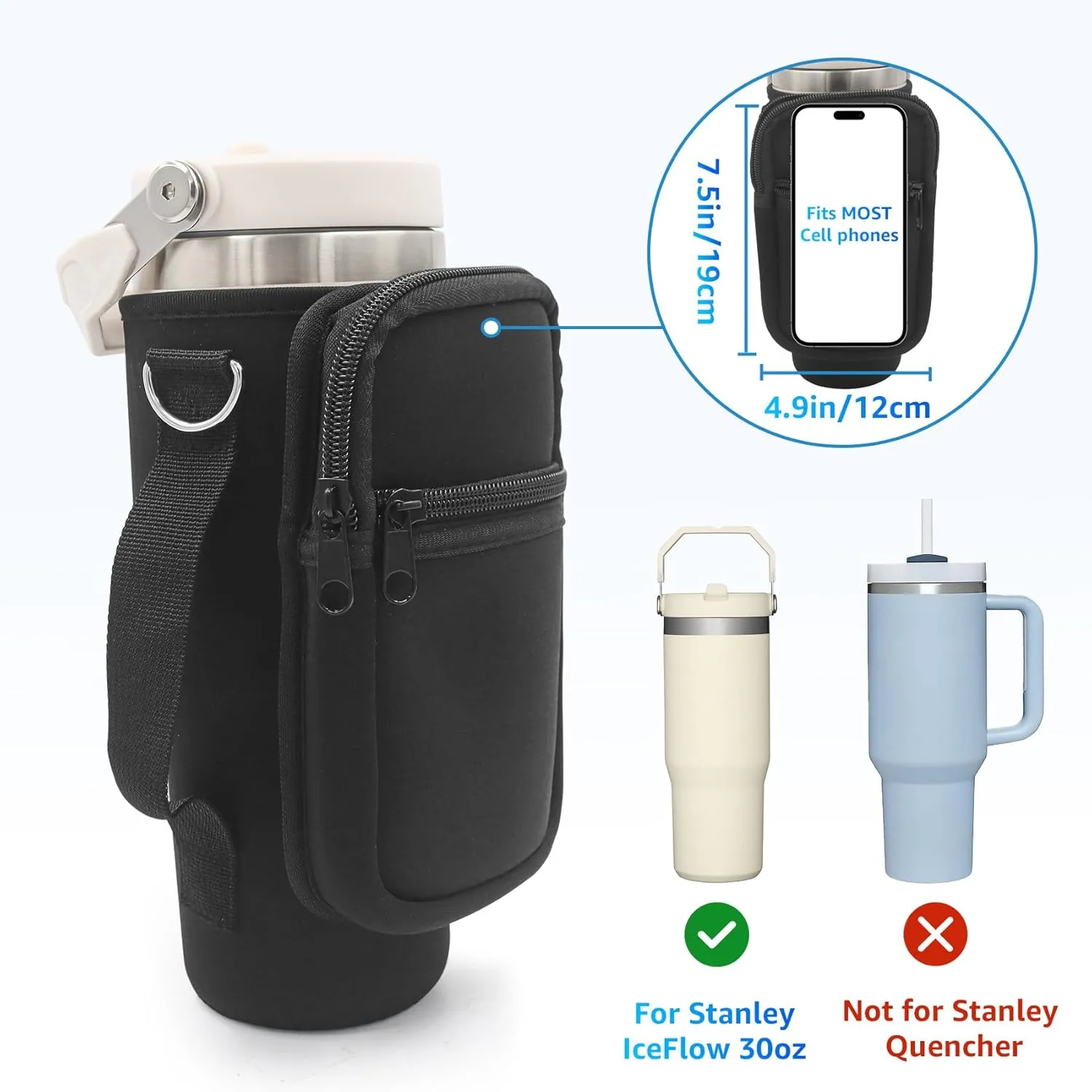 for Stanley Iceflow Flip Straw Tumbler 30 oz, Water Bottle Cup Holder Cover Carrier Sling Bag with Strap, Pouch Pocket for Phone / Accessories, add Handle for Stanley Flip Straw, Neoprene (Black)