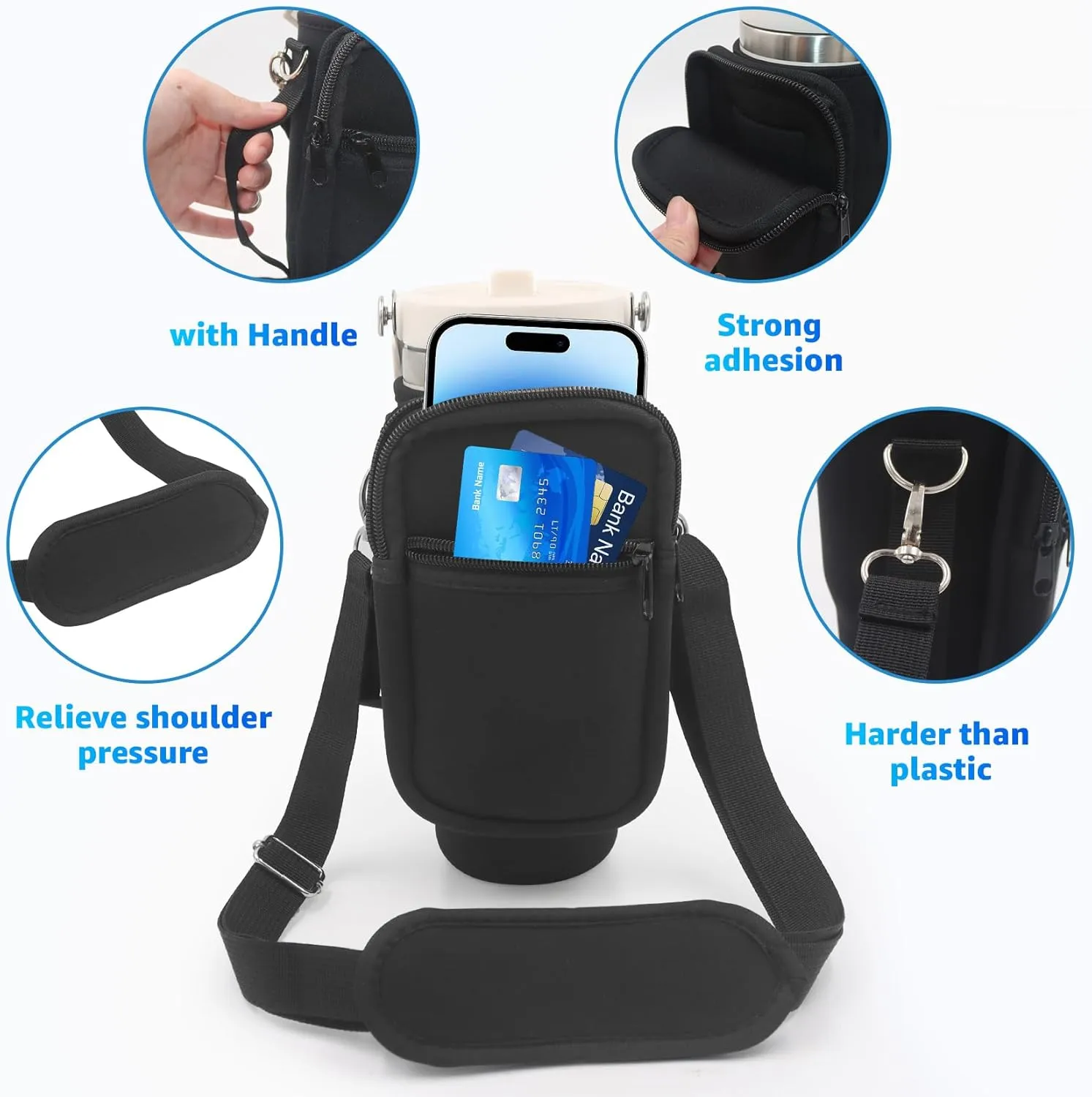 for Stanley Iceflow Flip Straw Tumbler 30 oz, Water Bottle Cup Holder Cover Carrier Sling Bag with Strap, Pouch Pocket for Phone / Accessories, add Handle for Stanley Flip Straw, Neoprene (Black)