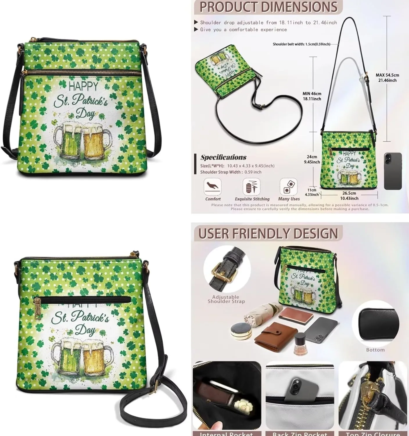 FOR U DESIGNS Green Theft Proof Crossbody Bag for Women St. Patrick's Day Travel Shoulder Handbags and Purses Set