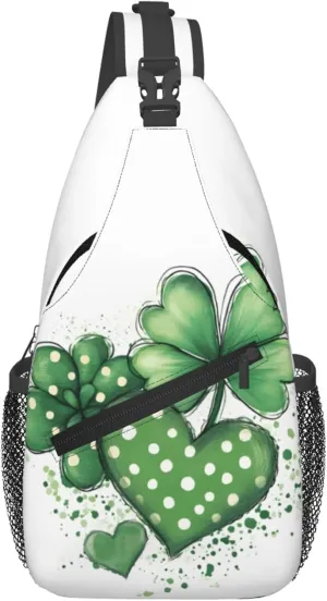 Four Leaf Clover Sling Bag for women and Men, Heart Flower Crossbody Chest Bag Water Resistant, Lightweight Sling Purse for Travel Hiking Gym Everyday Use