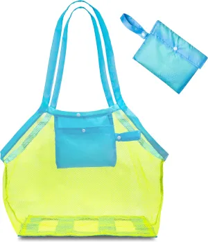 FoxPrint Mesh Beach Bags and Totes for Groceries, Shopping, Summer Pool Toys, Reinforced Carry Handles, Sand Resistant Net, Quick Snap Closure and Front Pocket, Yellow