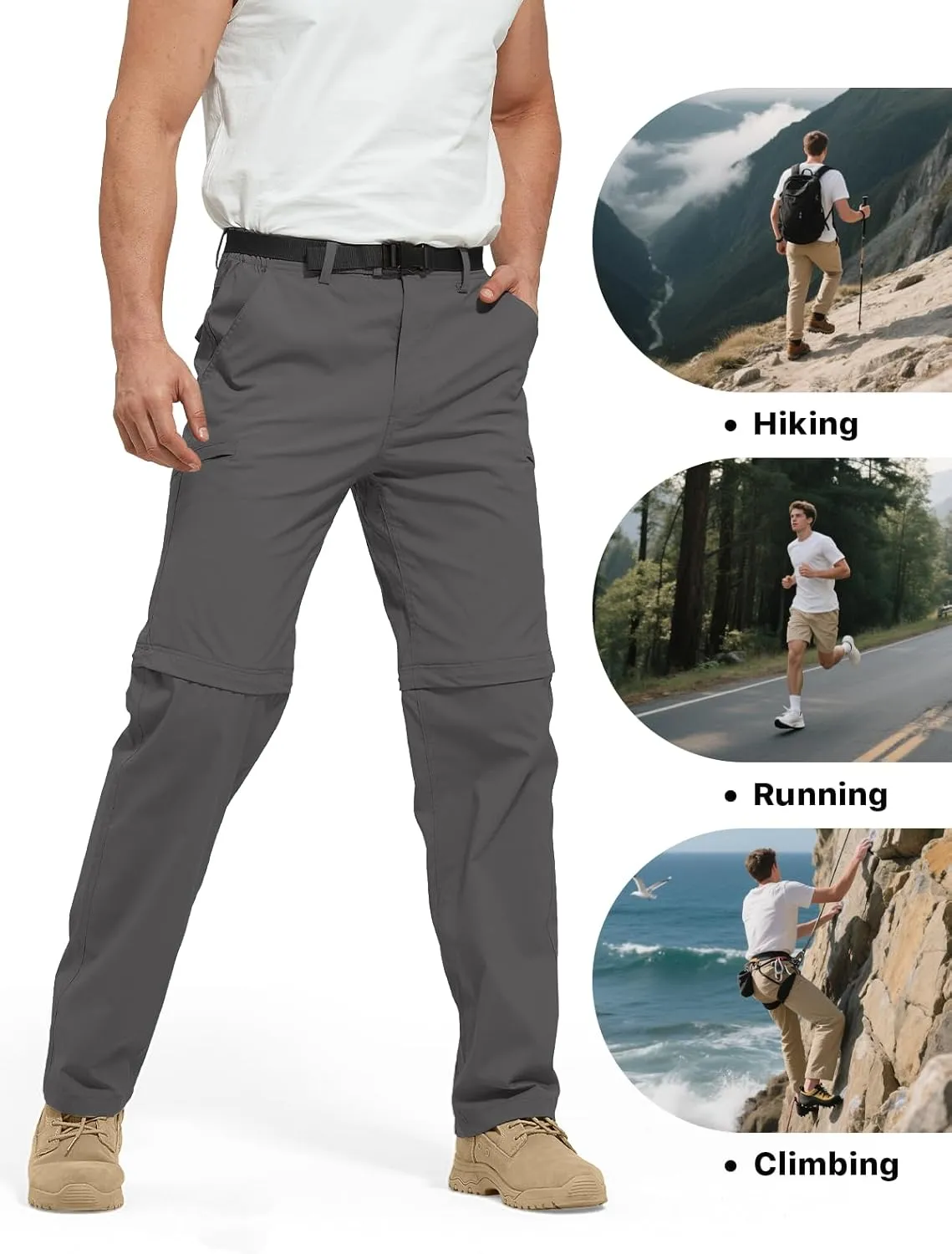 FREE SOLDIER Men's Outdoor Convertible Hiking Pants with Belt Lightweight Quick Dry Tactical Cargo Pants Nylon Spandex