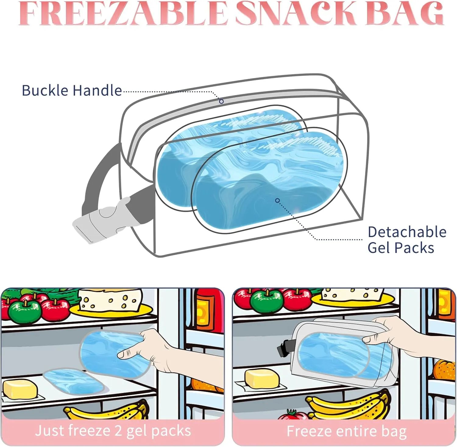 Freezable Lunch Bag,Freezable Snack Bag,Mini Cooler Bag for Travel/Work/School,Small Insulated Bag,Small Cooler Lunch Box with Ice Packs,Insulated Snack Bag,Freezable Snack Box with Handle Buckle