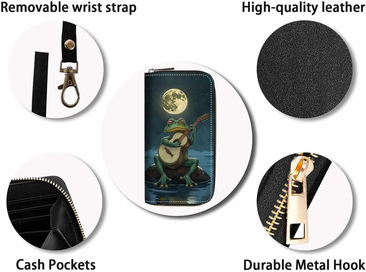 Frog Playing Guitar Print Women Large Capacity Wallet PU Leather Zipper Clutch Purse for Smart Phone/Card/Coin/Cash