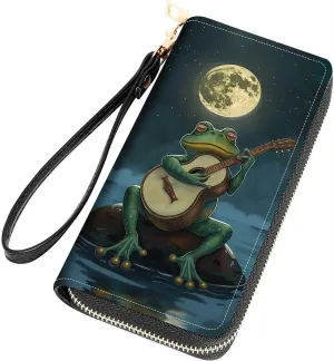 Frog Playing Guitar Print Women Large Capacity Wallet PU Leather Zipper Clutch Purse for Smart Phone/Card/Coin/Cash