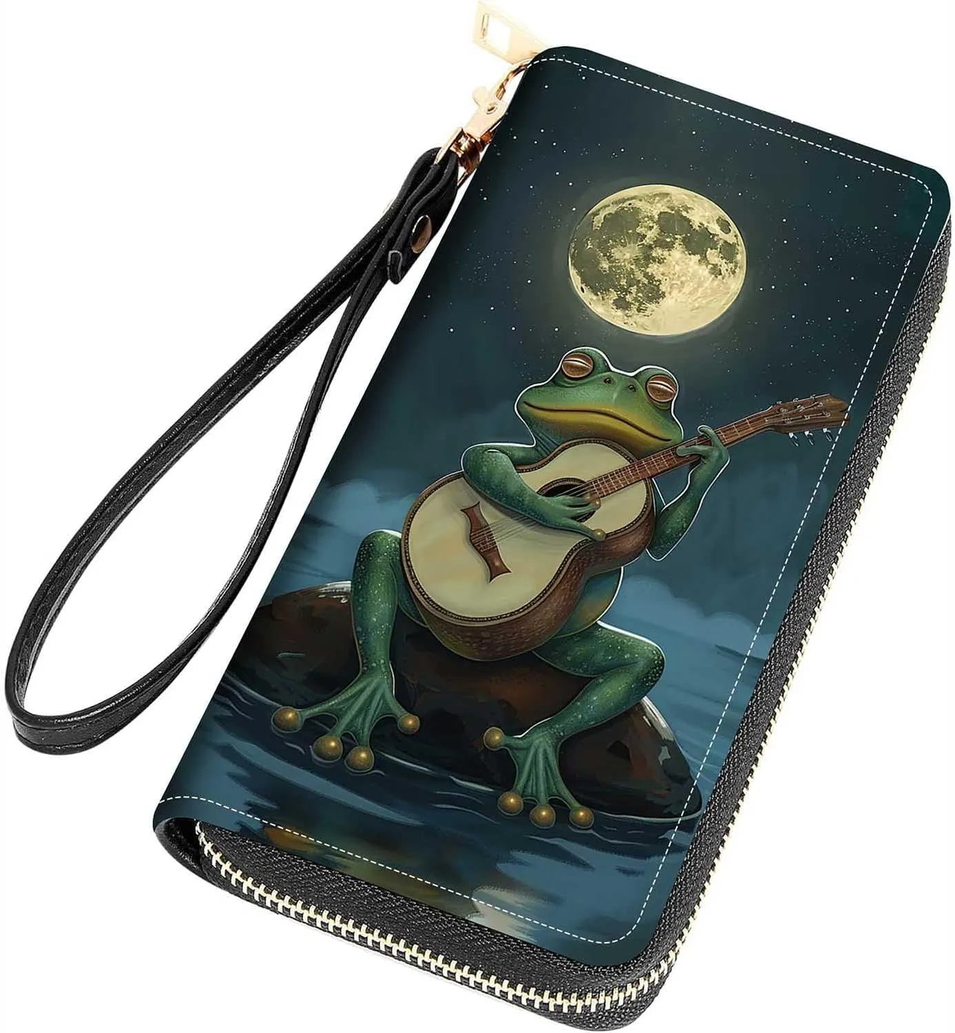 Frog Playing Guitar Print Women Large Capacity Wallet PU Leather Zipper Clutch Purse for Smart Phone/Card/Coin/Cash