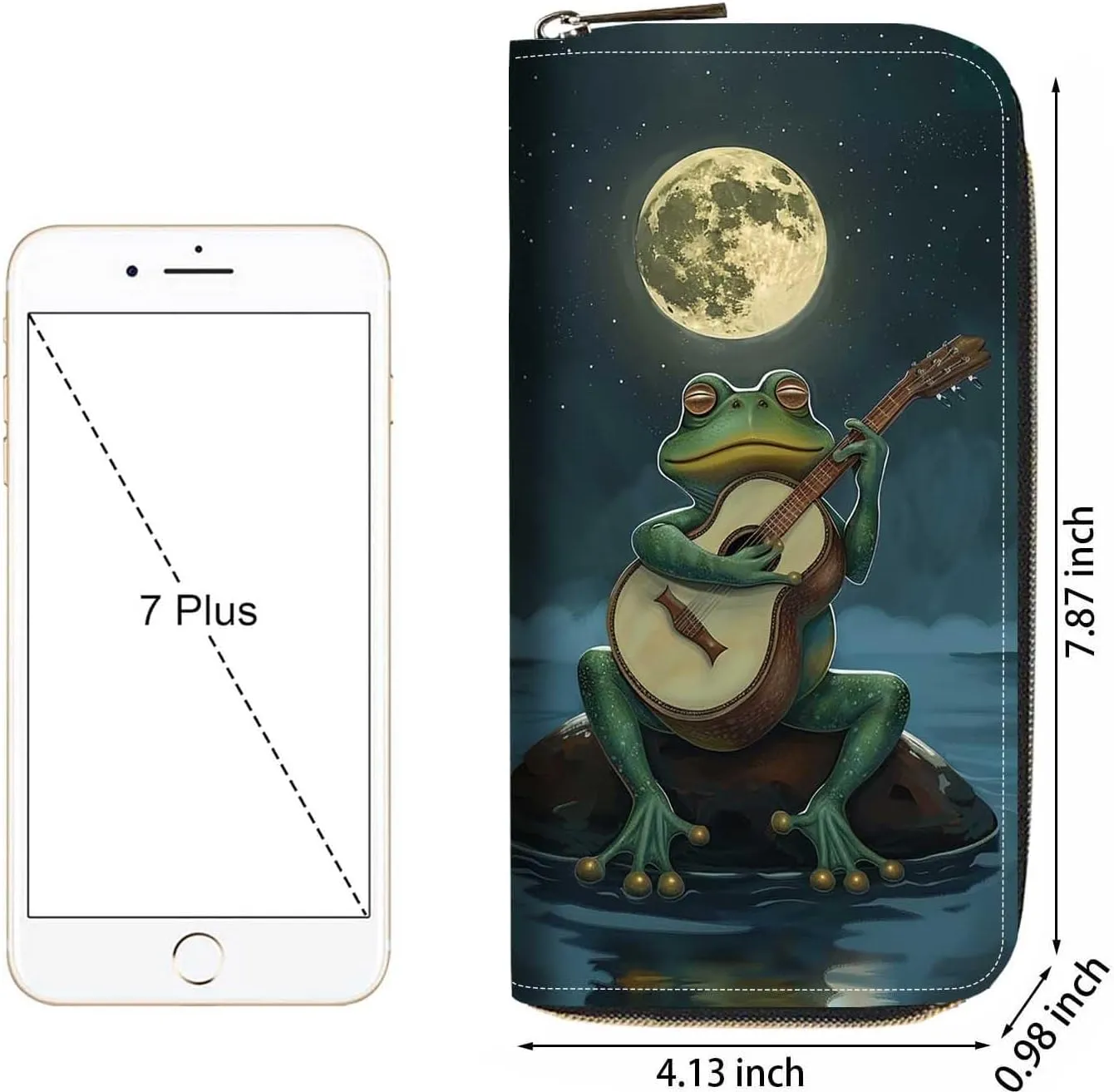 Frog Playing Guitar Print Women Large Capacity Wallet PU Leather Zipper Clutch Purse for Smart Phone/Card/Coin/Cash