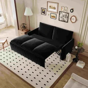 Full Size Sleeper Sofa Bed, 2 in 1 Sleeper Sofa Couch Pull Out Bed, Velvet Loveseat Couch with Armrests and 2 Pillows for Living Room, Bedroom, Apartment (Black)