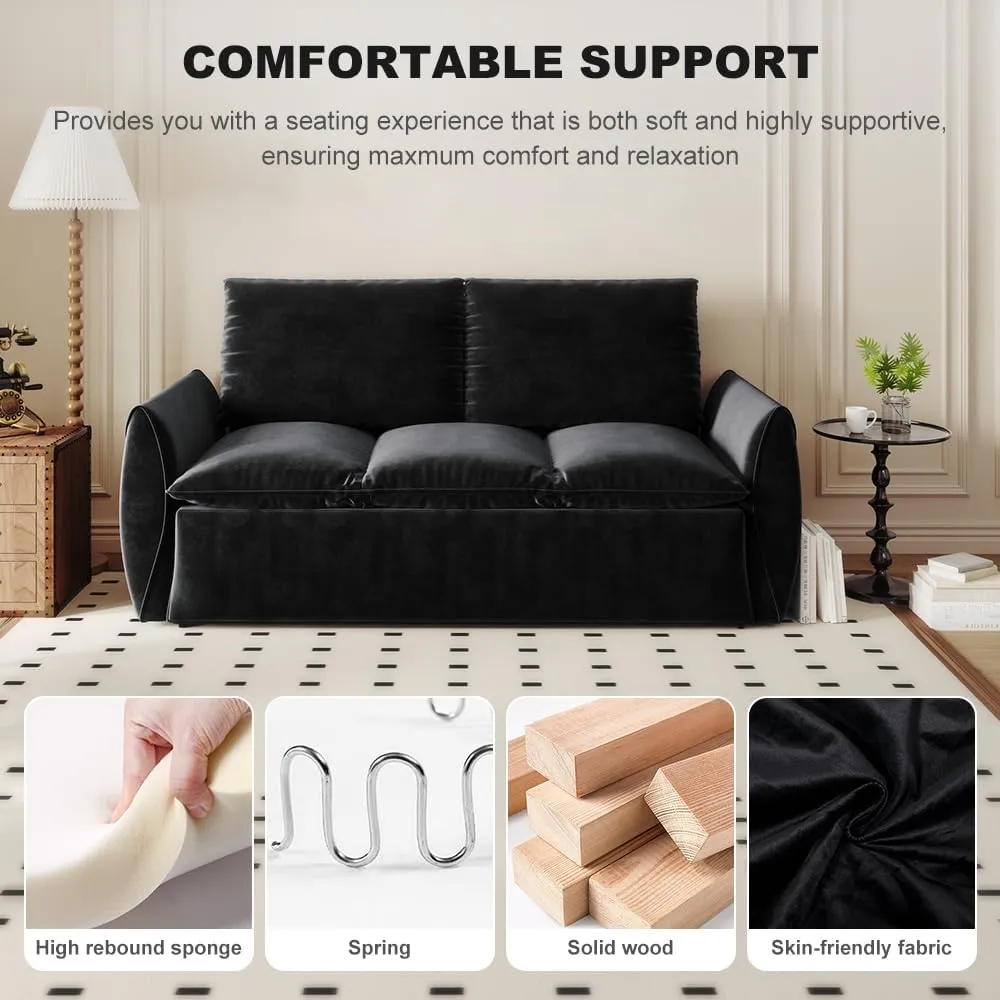 Full Size Sleeper Sofa Bed, 2 in 1 Sleeper Sofa Couch Pull Out Bed, Velvet Loveseat Couch with Armrests and 2 Pillows for Living Room, Bedroom, Apartment (Black)
