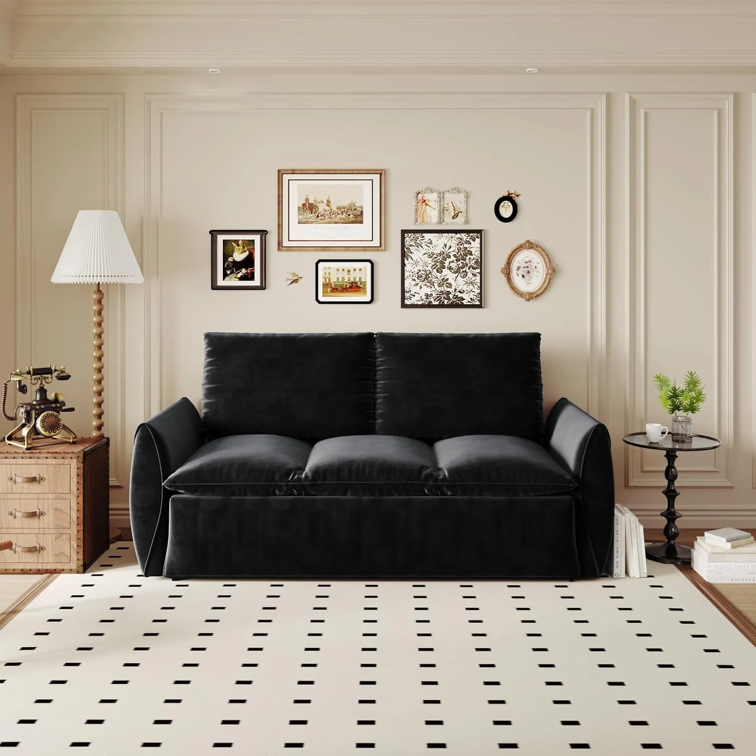Full Size Sleeper Sofa Bed, 2 in 1 Sleeper Sofa Couch Pull Out Bed, Velvet Loveseat Couch with Armrests and 2 Pillows for Living Room, Bedroom, Apartment (Black)